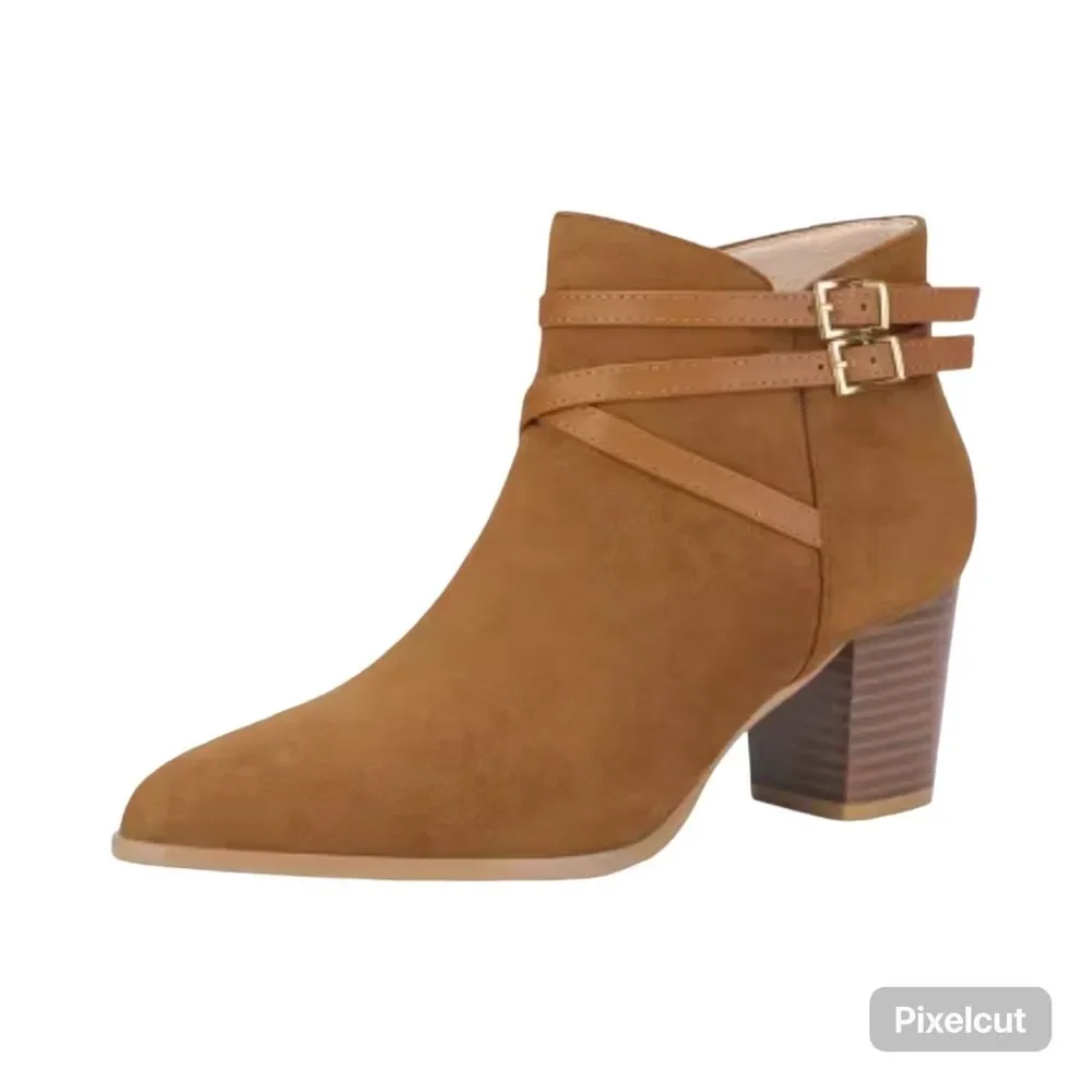 Allegra K Women's Strappy Pointed Toe Buckle Chunky Heel Ankle Booties Size 7